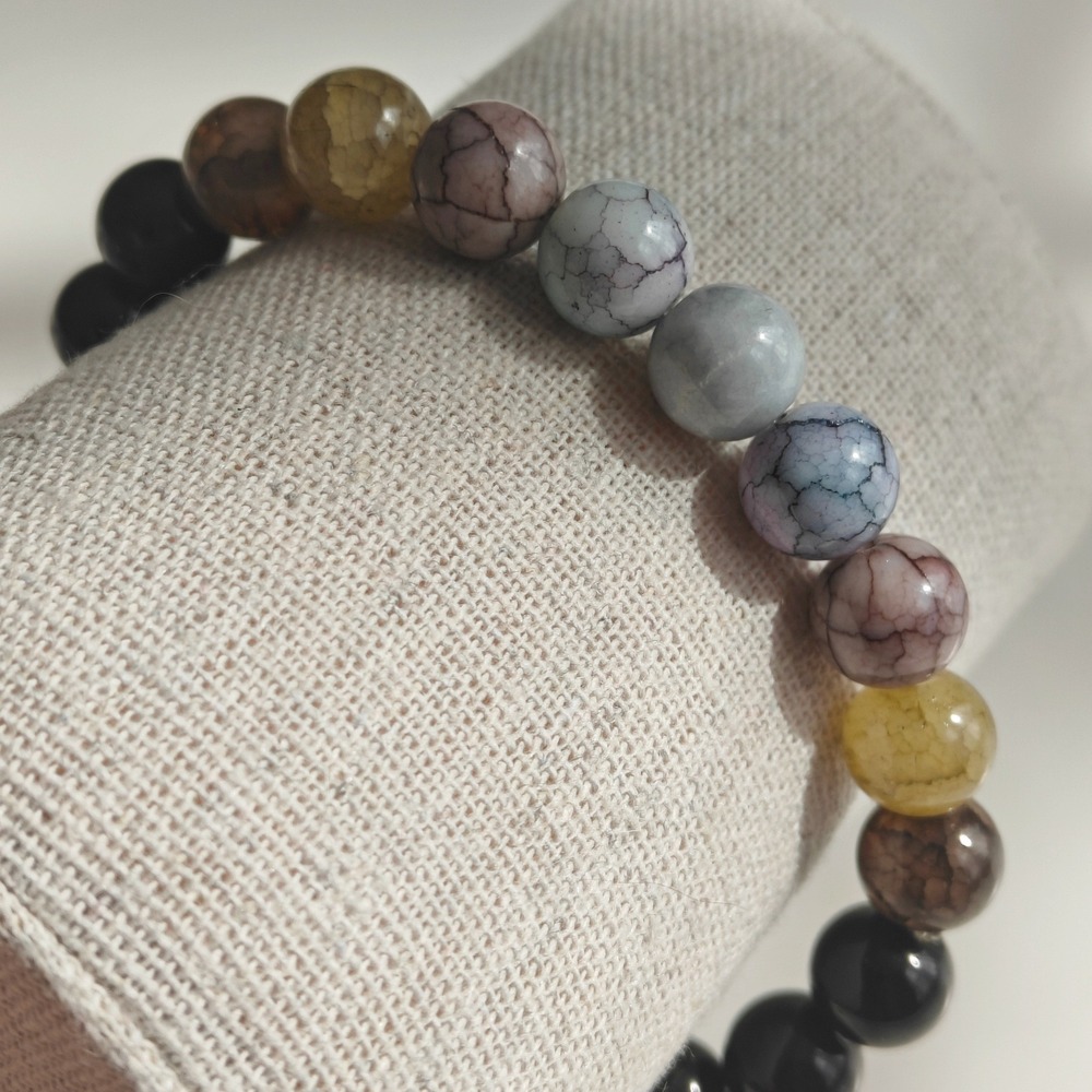 Men's Natural Stone Bead Stretch Bracelet Black Multi Color Crackle Agate